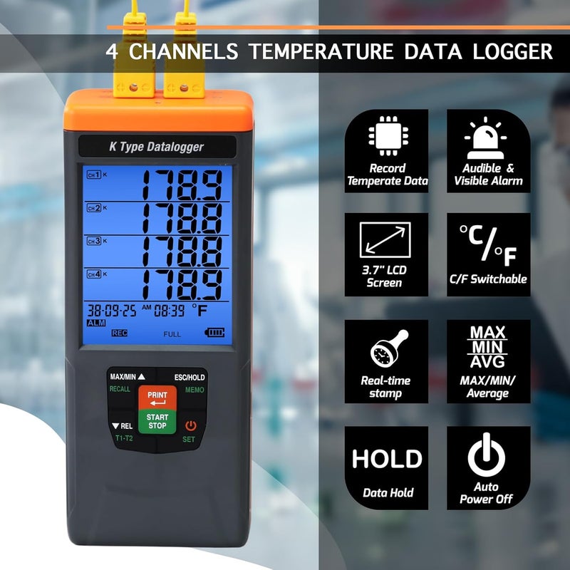 DANOPLUS Thermocouple Thermometer Temperature Data Logger, 4 Channels K Type Thermometer with 48,000 Groups Data Records, Temperature Logger with -328~2498℉ Measuring Range, Buzzer & Visible Alarm, Date&Time - Image 4